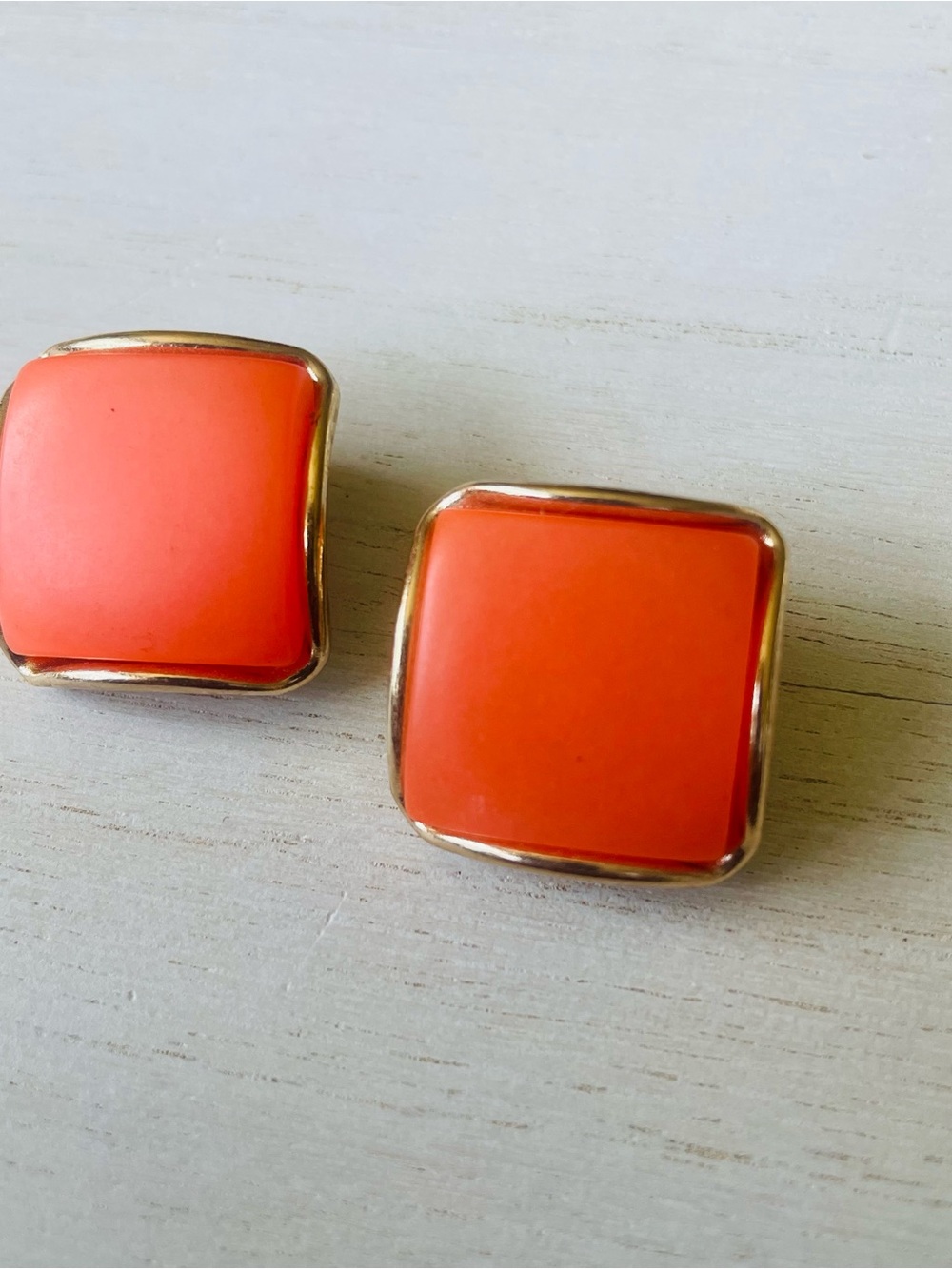 Vintage Triad Gold-Trim Coral Square Clip on Earrings